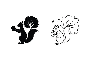 Two Squirrel Illustrations Acorn, Tree, Silhouette, Line Art, Design