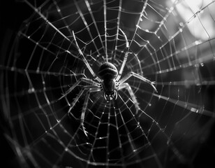 Fototapeta premium Dramatic Black and White Spider in Web – Dark Shadows Photography