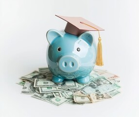 A graduation hat adorns a piggy bank filled with money, positioned on a white background, representing tuition fees