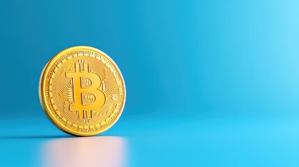 A shiny gold Bitcoin stands on a smooth surface against a vibrant blue background, symbolizing cryptocurrency and digital finance.