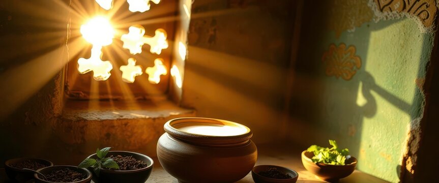 Golden sunlight streams through a jali window onto a rustic clay pot of lassi, nestled amongst bowls of cumin and mint, beverage, rustic
