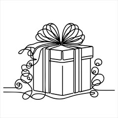  Present box with ribbon and bow. Continuous one line vector illustration. Wrapped surprise package