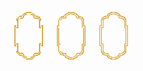 Three gold pixel frames with symmetrical curves and geometric shapes, perfect for digital designs.