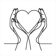 Continuous one line drawing arms holding heart. Charity donation linear concept. Vector isolated on white