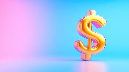 Obraz premium A shiny golden dollar sign stands against a vibrant pink and blue gradient background, symbolizing wealth and financial success.