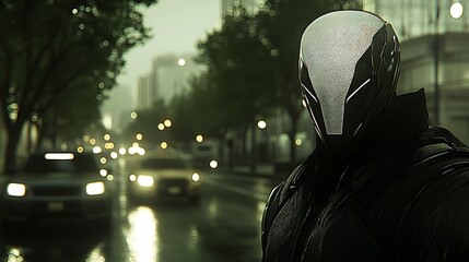 Masked vigilante on rainy street with city traffic