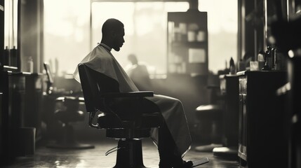 Man sits in barber chair, awaiting haircut in barbershop.