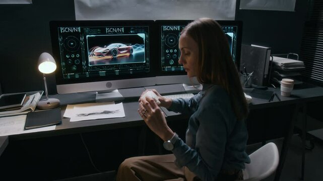Full rear zoom shot of young Caucasian female car designer sitting in studio, studying clay car model while developing digital renders on computer, while searching for new inspiration