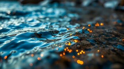 An extreme macro close-up showcasing creative light art on a river.
