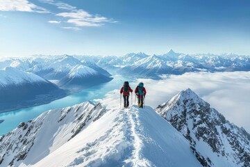 In the mountains, two girls hike through the snow in winter, wearing snowshoes as they walk