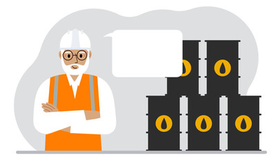 Oil barrels and a smiling oilman. Oil industry and worker or engineer in special clothes and helmet. Vector flat illustration