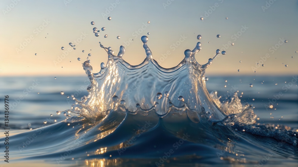 Aufkleber Dynamic water splash with shimmering droplets against a serene backdrop.