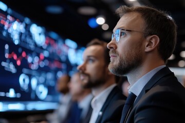 Two business professionals engaged in deep analysis of data in a sophisticated environment, emphasizing critical thinking, teamwork, and modern technology solutions.