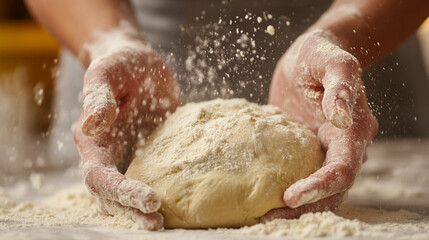 Fototapeta premium Bakerâs Dough in Hand: Hands kneading soft dough, flour dusting the fingers, capturing the joy of baking.