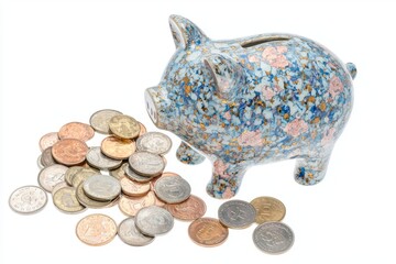 The image features a blue piggy bank lying on its side with coins nearby, set against a white background to represent the idea of accumulating wealth and managing finances
