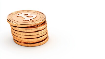 A stack of shiny Bitcoin coins, symbolizing digital currency and investment, on a clean white background.
