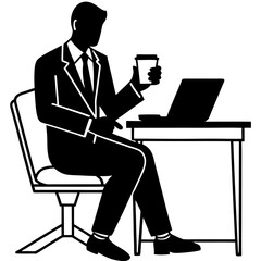 Silhouette of a businessman sitting at a desk, multitasking while using a smartphone