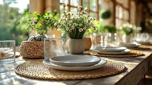 Elegant dining setup with plates and glasses, adorned with flowers in a sunlit rustic interior
