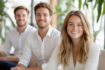happy young business people standing together at office