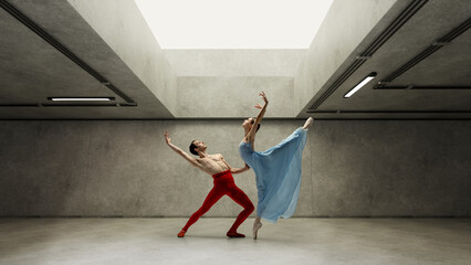 Handmade collage. Man and woman, ballet dancers performing his expressive dance in modern urban...