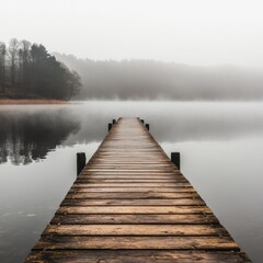 Misty lake with wooden dock extending to tranquil forest.