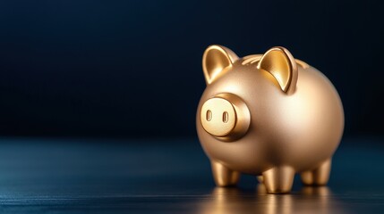 Fototapeta premium A shiny gold piggy bank sits on a dark surface, symbolizing savings and financial planning.