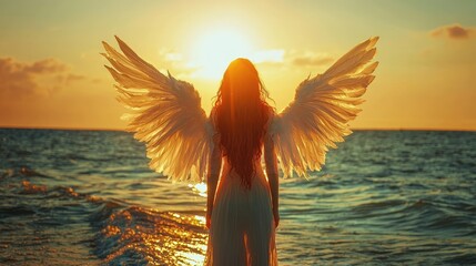 Angelic figure with wings stands facing ocean at sunset