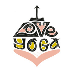 Colorful design showcases the phrase I love yoga in a playful and artistic style. The typography features soft colors and unique shapes, celebrating the practice and passion for yoga