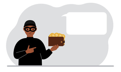 Thief in a black mask with a purse of coins with a bitcoin sign. Cyber attack, mobile phishing, fraud, hacker, theft, theft. Vector flat illustration