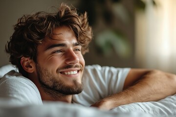 a young man is relaxing on his bed while smiling and looking up at something with a dreamy expression. He's wearing a white shirt and has curly brown hair and a stubble beard