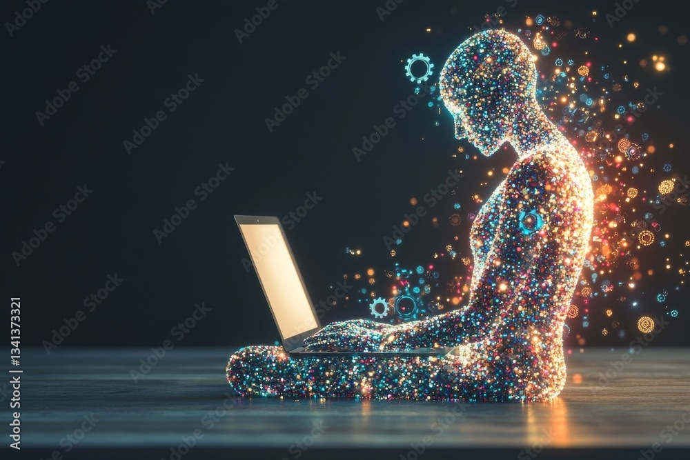 Poster the internet of things idea is represented by a stock image of a man using a laptop and digital tabl