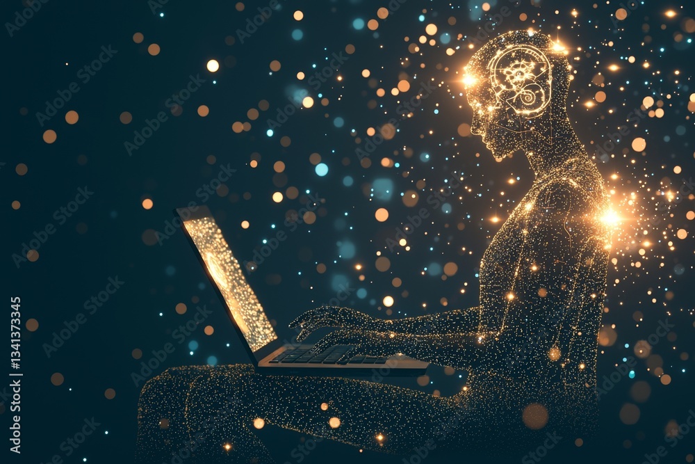 Poster a stock image depicts a man utilizing a laptop and digital tablet with internet connectivity and com