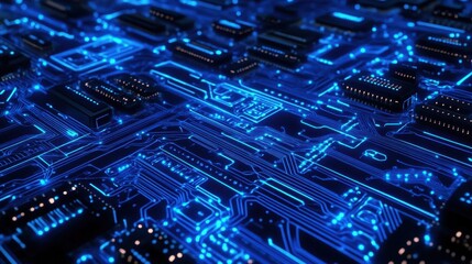 Abstract visualization of a supercomputer processing data with glowing blue circuits.