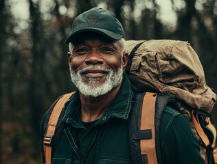 Obraz premium In the forest, a happy senior black man hikes with his backpack, embracing sports and the great outdoors for health and wellness