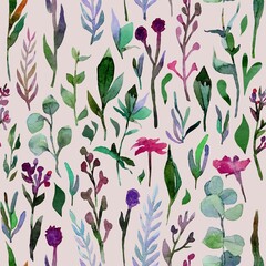 Delicate watercolor artwork featuring an array of colorful plants and flowers. The intricate details showcase nature's beauty with vibrant greens and floral tones on a soft background