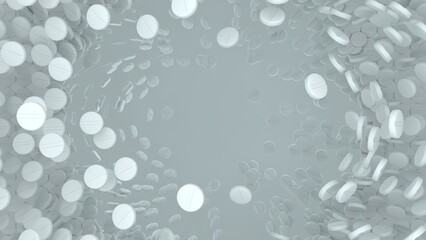 3d rendering of white medical pills dispersing and floating in mid-air around a large broken hole, symbolizing pharmaceutical instability