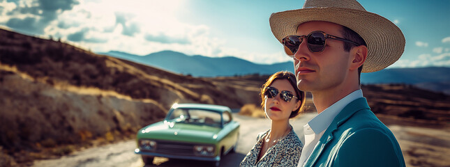 Fototapeta premium Man and woman in retro 1960s wardrobe standing by a classic car in a sunny arid environment.