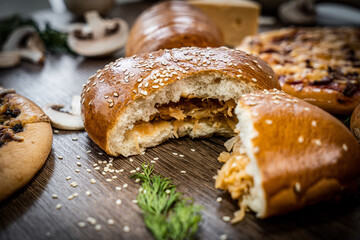 Pie and homemade bread, pizza or pie ingridients, food flat lay on kitchen table background. Working with butter, milk, yeast, flour, eggs, sugar pastry or bakery cooking. Text space