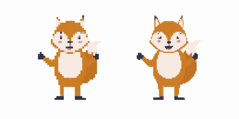 A pair of pixel art foxes smile with arms up, displaying distinct expressions and slight differences.