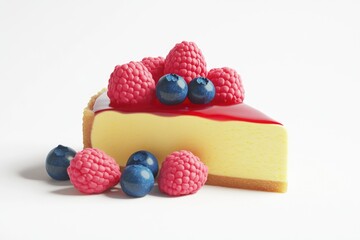 A slice of creamy cheesecake, topped with fresh raspberries and blueberries, drizzled with red glaze.