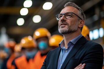 Fototapeta premium A thoughtful executive oversees operations in an industrial environment, emphasizing safety and leadership while interacting with the workforce in a modern facility.