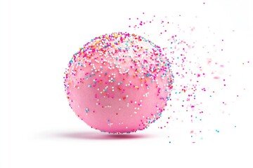 Pink sphere covered in colorful sprinkles, some of which are flying off.