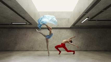 Artistic male and female ballet dancers performing ballet moves expressing feelings and emotions through moves in urban grey wall. Concept of fusion of modernity and classical art, aesthetic, beauty