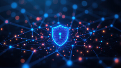 A digital illustration featuring a shield with a lock symbolizing protection and cybersecurity against a backdrop of interconnected dots representing a network or cloud computing.
