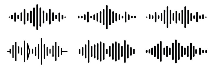 Sound Wave Forms Vector Set. Multiple Audio Wave Patterns with Fluctuating Frequencies and Amplitudes. Modern Digital Audio Waveforms Design