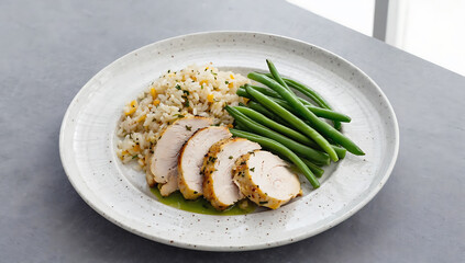 Healthy Meal with Chicken Breast, Rice, and Green Beans