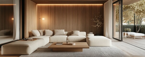 A modern living room features a comfortable sectional and outdoor access