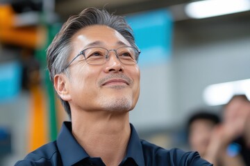 Obraz premium A manager in a dark shirt looks contentedly, exuding confidence and satisfaction while celebrating success within a thriving industrial atmosphere filled with collaboration.