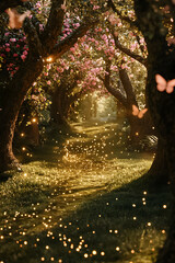Magical pathway through blooming trees with sparkling lights and butterflies in an enchanting forest setting