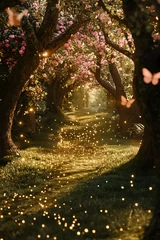 Photo sur Plexiglas Magical pathway through blooming trees with sparkling lights and butterflies in an enchanting forest setting